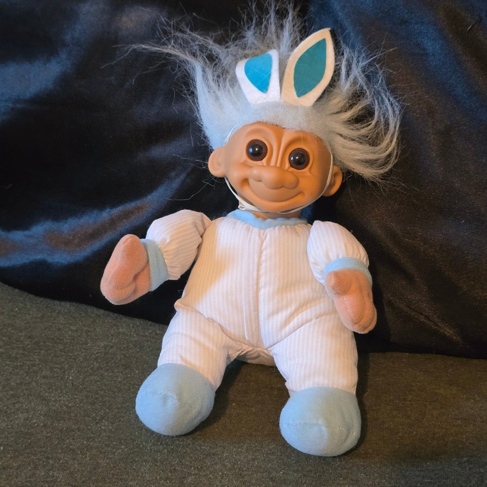 Russ Berrie Troll 9 inch Plush Doll Unisex Blue White Easter Bunny Pajamas 2313